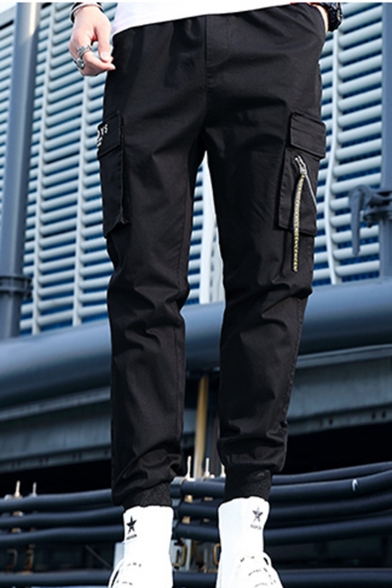 New Stylish Simple Plain Letter Ribbon Zip Embellished Casual Trendy Cargo Pants with Side Pocket for Men