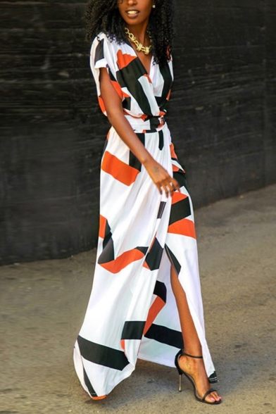 New Trendy Geometric Pattern V-Neck Short Sleeve Tied Waist Maxi Dress