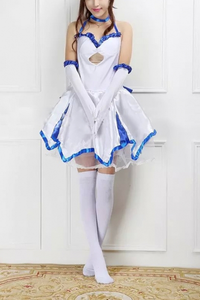 New Trendy Halter neck Sleeveless Cut out Cosplay Mini Asymmetrical white Dress