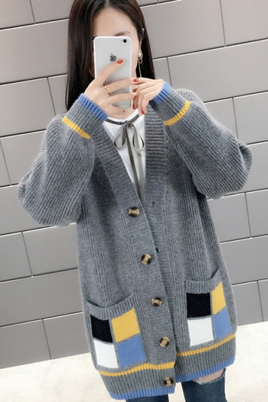 New Womens Plain Ribbed Knit Drop Sleeve Button Open Front Cardigan with Plaid Print Pockets