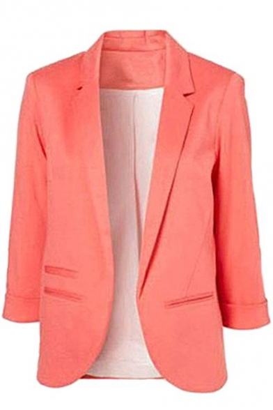Office Lady Fancy Solid Color Notched Lapel Collar Three-Quarter Sleeve Commute Slim Blazer Coat