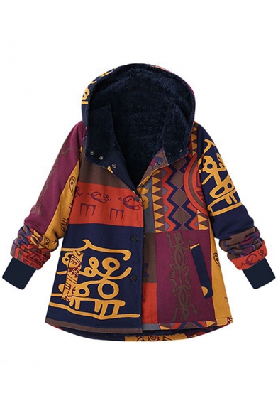 Plus Size Women Vantage Printed Single Breasted Thick Hooded Pockets Warm Fluffy Coat