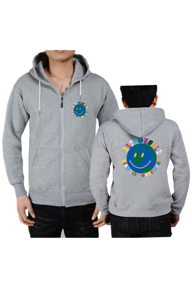 Popular Astroworld Letter Earth Printed Long Sleeve Full Zip Casual Sports Hoodie