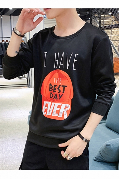 Popular Fashion Letter I HAVE A BEST DAY Hat Printed Round Long Sleeve Mens Casual Pullover Sweatshirts