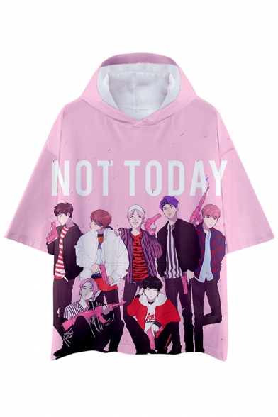 Popular Kpop Boy Band Cartoon Figure Print NOT TODAY Short Sleeve Hooded Loose T-Shirt