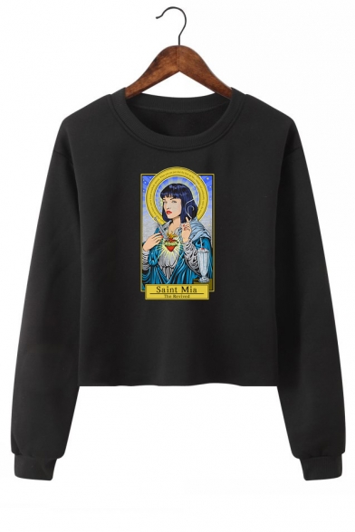 Round Neck Long Sleeve Saint Mia Figure Print Cropped Pullover Sweatshirt