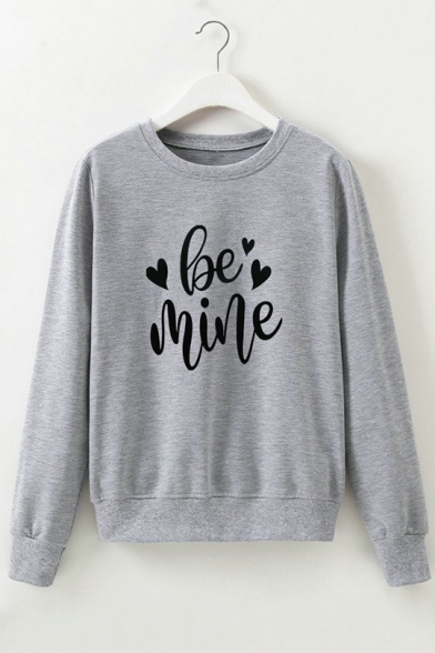 Simple Love Letter Love Heart Printed Round Neck Long Sleeves Pullover Sweatshirt