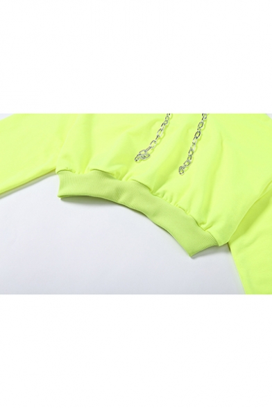 Simple Plain Long Sleeve Metal Chain Fluorescent Drawstring Cropped Hoodie
