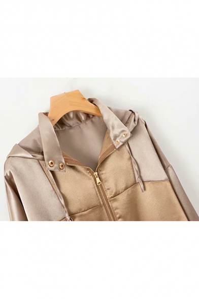 Simple Stand-Up Collar with Buckle Tab Hooded Zipper Colorblocked Jacket Coat with Pocket