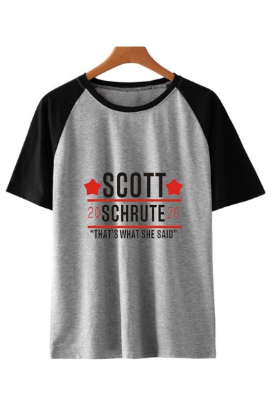 

Star Letter SCOTT Print Color Block Short Sleeve Round Neck Relaxed T-Shirt, Black;white;gray, LC554261