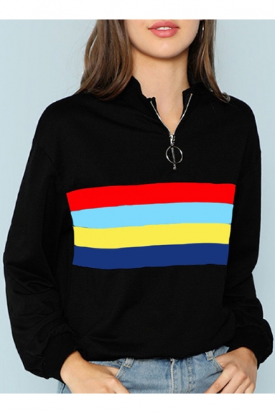 Stripe Zipper Front Stand Up Collar Color Block Long Sleeve Black Sweatshirt