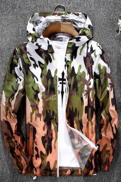 Stylish Camouflage Printed Long Sleeve Hooded Zip Placket Unisex Sun Protection Sports Coat