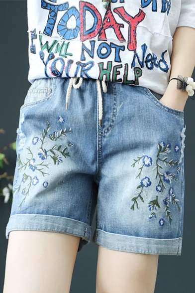 Summer Blue Chic Draw Cord Rolled Hem Floral Embroidered Leisure Shift Denim Shorts