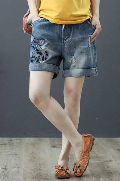 Summer Hot Trendy Blue Drawstring Cord Ripped Rolled Cuff Cat Printed Straight Denim Shorts