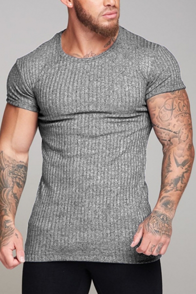 Summer Men's Short Sleeve Knitting Stretch Breathable Fitted Sport T-Shirt