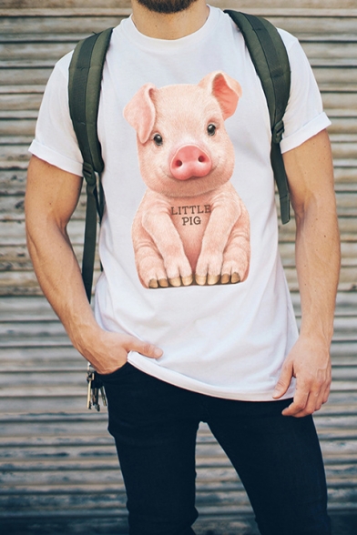 Summer Mens Personalized Short Sleeve Round Neck LITTLE PIG Letter Printed Casual Loose T-Shirt