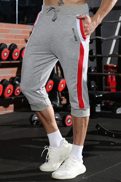 Summer New Fashion Colorblock Letter Printed Drawstring Waist Men's Cropped Sports Sweatpants