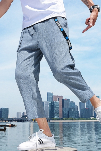 Summer New Fashion Simple Plain Letter Ribbon Embellished Cropped Linen Casual Pants