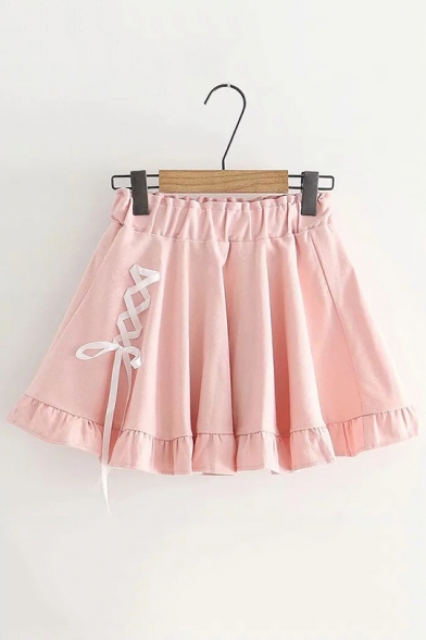 Summer Plain Sweet Elastic Waist Ruffle Hem Bow Embellished Mini A-Line Skirt