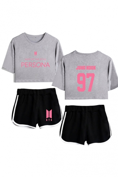Summer's Casual Letters 97 Print BTS Idol Short Sleeve Crop Tee with Dolphin Shorts Co-ords
