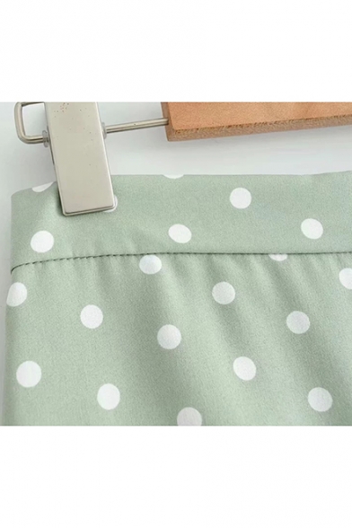 Sweet Cute Green High Waist Polka Dot Printed Layer Ruffle Hem Fitted Mini A-Line Skirt