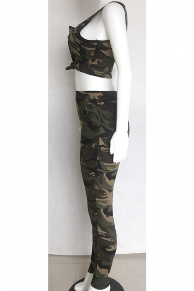 Trendy Sleeveless Knotted Front with Elastic Waist Pants Skinny Fit Camo Two Piece Set