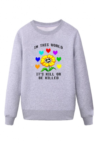 Trendy Sunflower Letter IN THIS WORLD Printed Round Neck Casual Cotton Sweatshirt