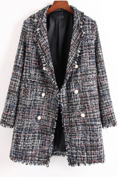 Tweed Double Breasted Notched Lapel Collar Fringed Embellished Long Coat