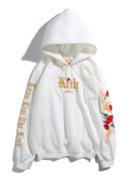 Unisex Street Trendy Letter Floral Embroidered Long Sleeve Hip Pop Trendy Pullover Hoodie