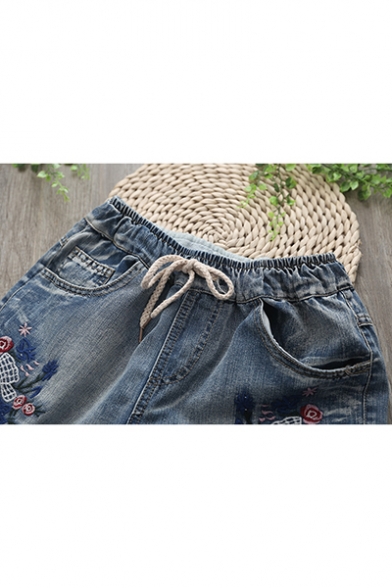 Vintage Drawstring Cord Rolled Hem Distressed Washed Floral Embroidered Straight Denim Shorts
