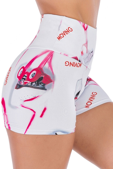 White High Waist MOVING Letter Skates Printed Shaped Quick-Drying Sport Shorts