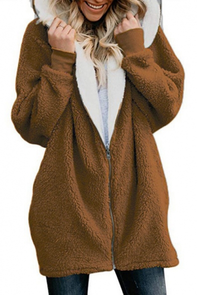 Winter's Hot Fashion Simple Plain Hooded Long Sleeve Elastic Cuffs Long Fur Coat