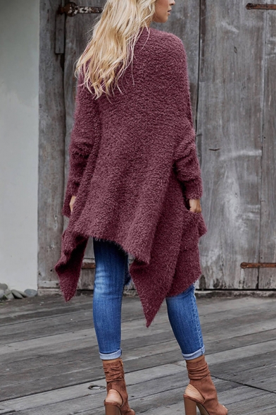 Winter Women's Warm Asymmetric Hem Open Front Mid-Length Knit Plain Loose Coat