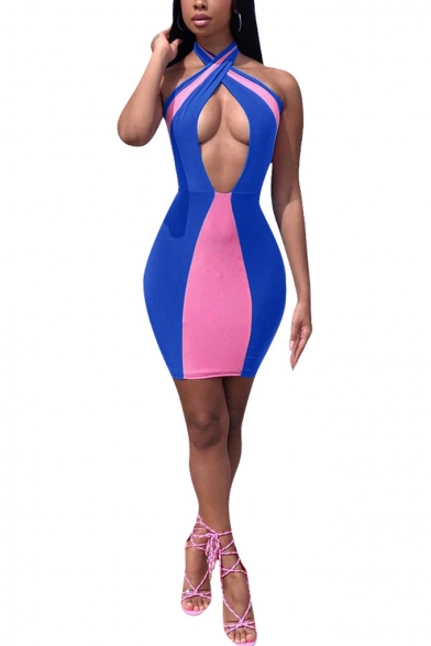 Women's Sexy Halter Neck Sleeveless Color Block Hollow Mini Bodycon Dress