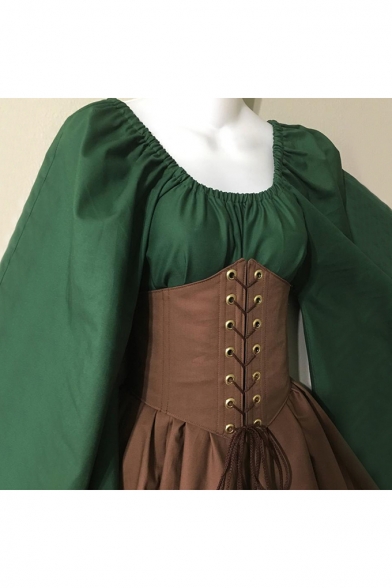 Women's Vintage Medieval Extra Long Sleeve Bell Sleeve Lace-Up Corset Waist Mini Asymmetrical Dress