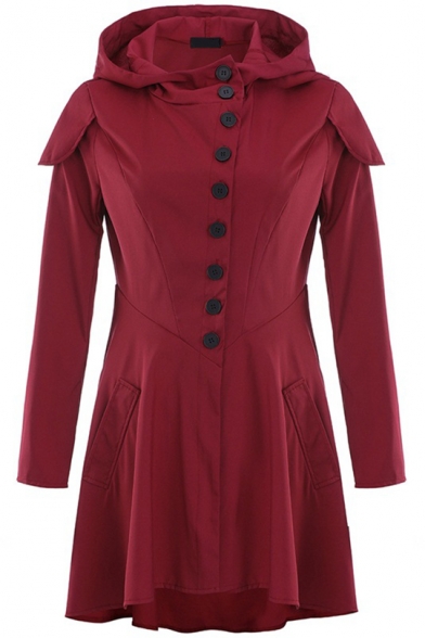 Women's Wine Red Solid Color Single Breasted Long Sleeve Swallowtail Longline Simple Hooded Coat