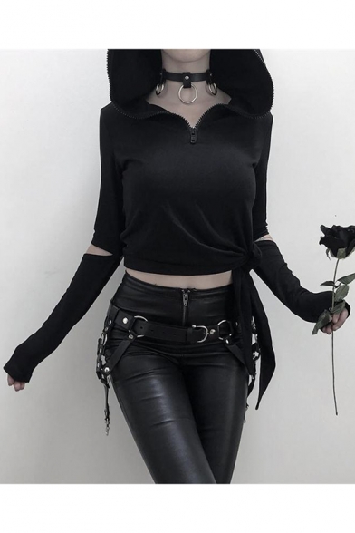 Womens Cool Street Style Black Cutout Long Sleeve Knotted Side Cropped Hoodie
