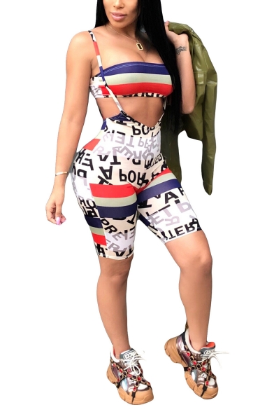 Womens Cool White Letter Printed Bandeau Top with Suspender Bermuda Shorts Skinny Fit Two-Piece Set