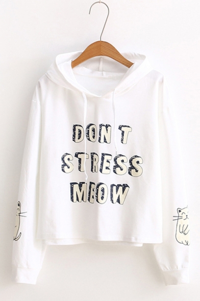 Womens DON'T STRESS MEOW Letter Animal Printed Long Sleeve Casual Loose Sweet Cute Hoodie for Women