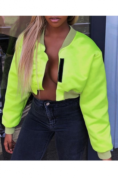 Womens Fluorescent Green Long Sleeve Patch Velcro Stand Collar Cropped Jacket