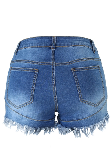 Womens Hot Fashion Blue High Waist Zip Fly Fringe Hem Fitted Denim Shorts