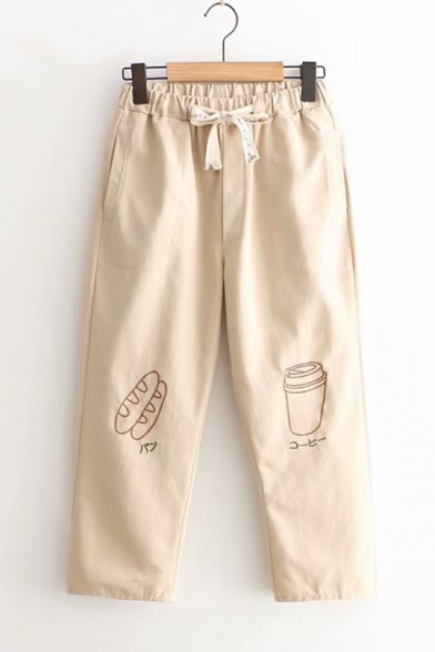 Womens Hot Fashion Drawstring Waist Bread Cup Embroidered Leisure Straight Pants