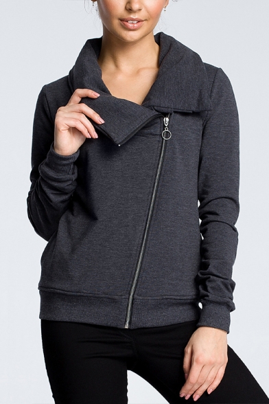 Womens Hot Trendy High Neck Plain Oblique Zip Up Fitted Sweatshirt Jacket