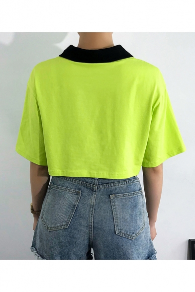 Womens New Fashion Lapel Collar Short Sleeve Letter Print Zip Placket Green Crop Tee