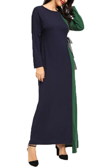 Womens New Fashion Round Neck Long Sleeve Bow-Tied Waist Panelled A-Line Asymmetrical Maxi Dress