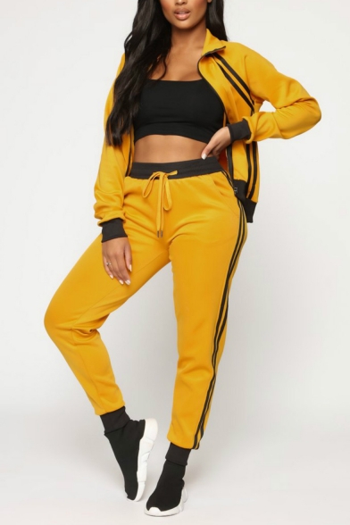 Womens Plain Athletic Style Collared Long Sleeve Zipper Front Coat Track Pants Two Piece Set
