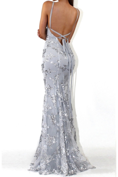 Womens Sexy V-Neck Sleeveless Tie Back Sequined Backless Plain Bodycon Eneving Maxi Dress