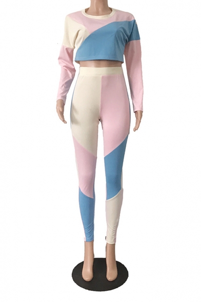 Womens Stylish Color Block Long Sleeve Crop Top with Skinny Fit Two-Piece Set