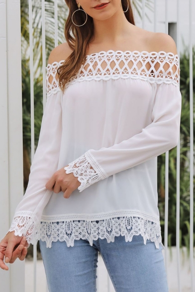 Womens Stylish Plain Sexy Off the Shoulder Long Sleeve Lace-Panel White Blouse Top