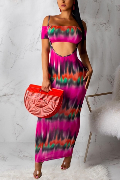 Womens Stylish Short Sleeve Bandeau Top with Strap Maxi Skirt Tie Dye Two Piece Set